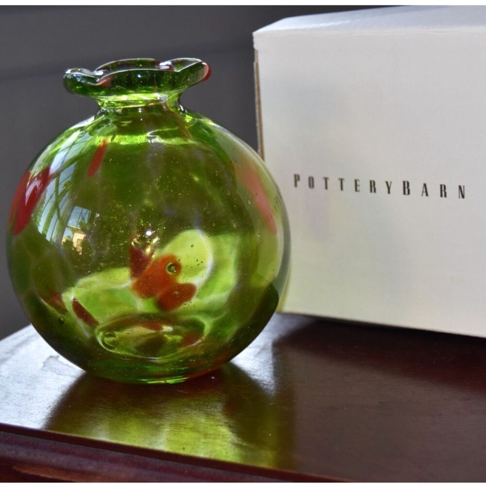 Pottery Barn Hand Blown Art Glass Bud Vase Green Red Polka Dot Ruffled 5”